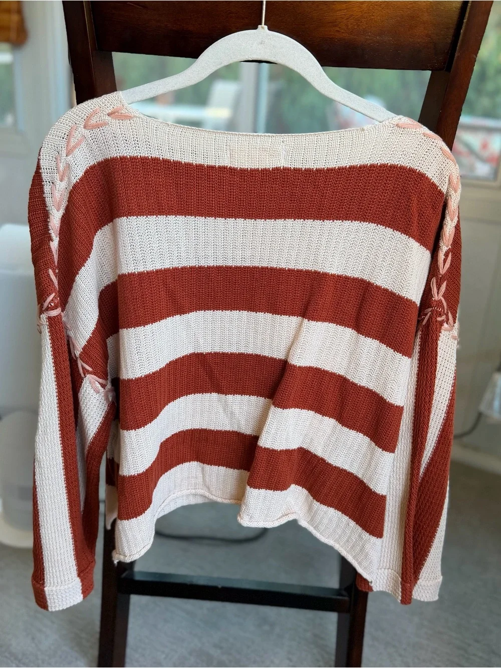 By Together Striped Lace-Up Sleeve Sweater S/M Rust Cream 100% Cotton Boho